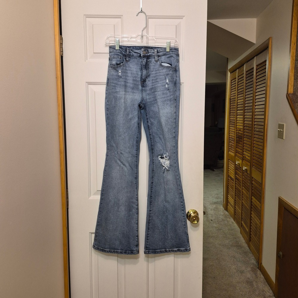 BCBGeneration Women Blue High Rise Flare Distressed Jeans Size 5/27 Acid Wash